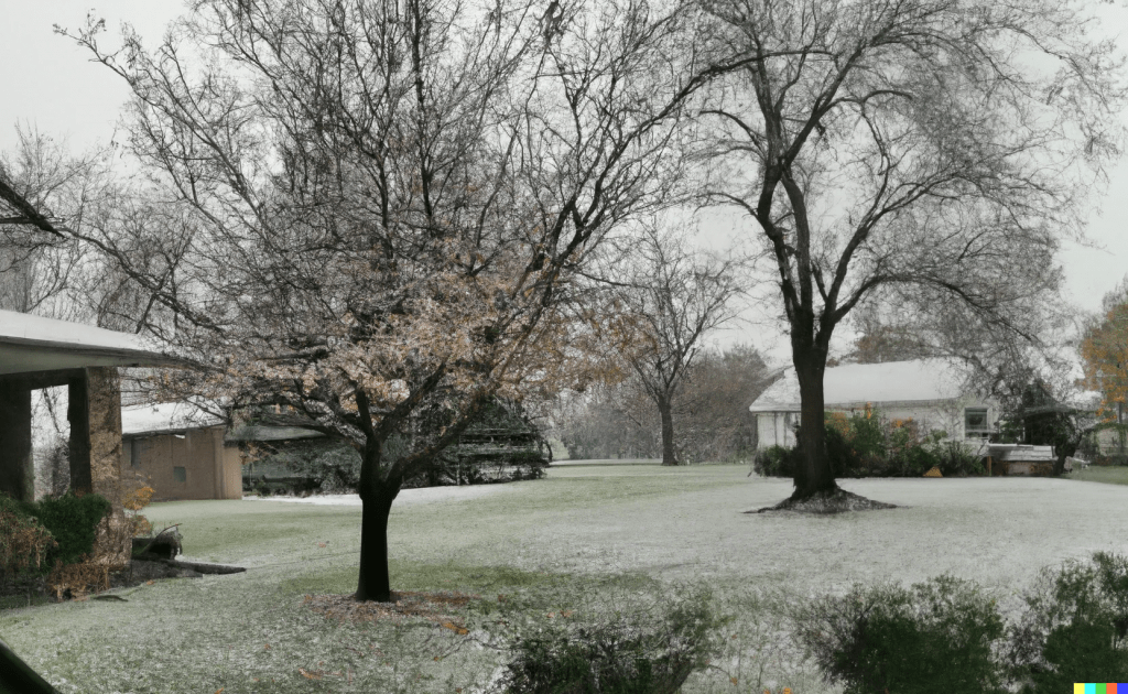 AI generated image of a home's yard with trees enduring the fall's first light dusting of snow