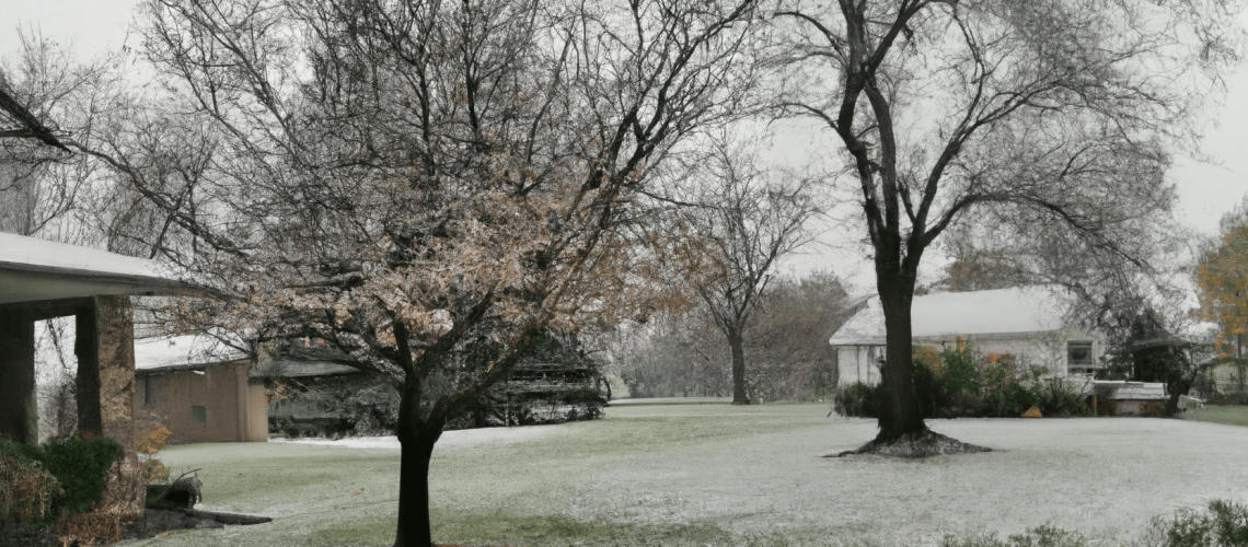 AI generated image of a home's yard with trees enduring the fall's first light dusting of snow